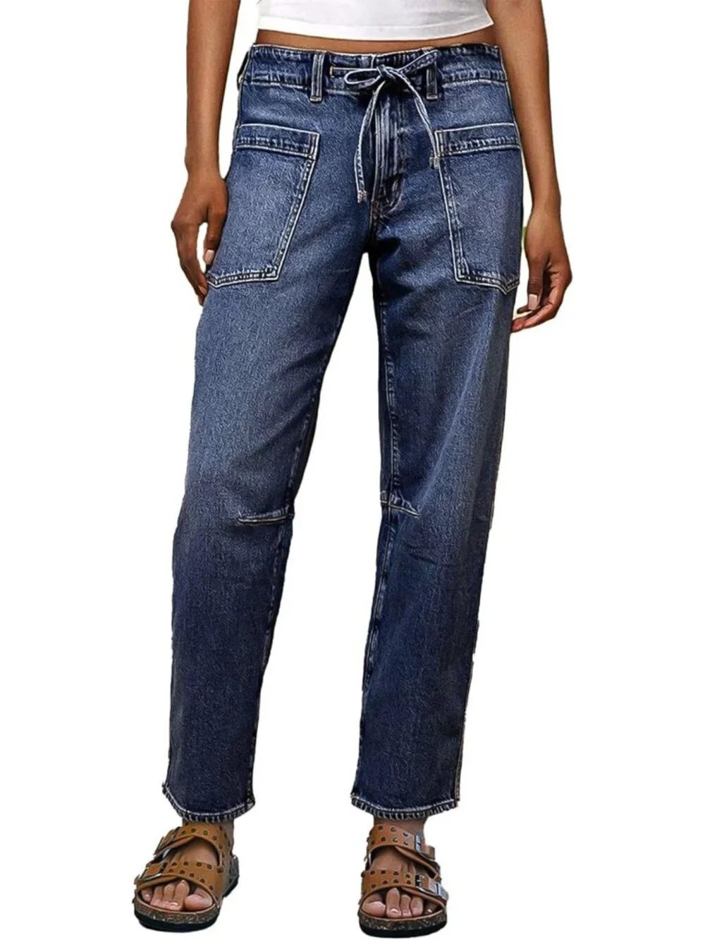 Women's Mid Waist Straight Leg Jeans Drawstring Cropped Jeans Women Stretchy - Picture 2 of 6